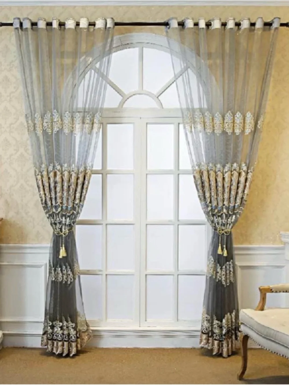 Jacquard Sheer Embroidered Tulle Curtains Gold, Cream, Grey, Blue